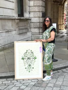LEAD Inset 2 Asian artists at Summer Exhibition pic five Neera Sehgal outside the RA with her work Meditate 15 June 2024