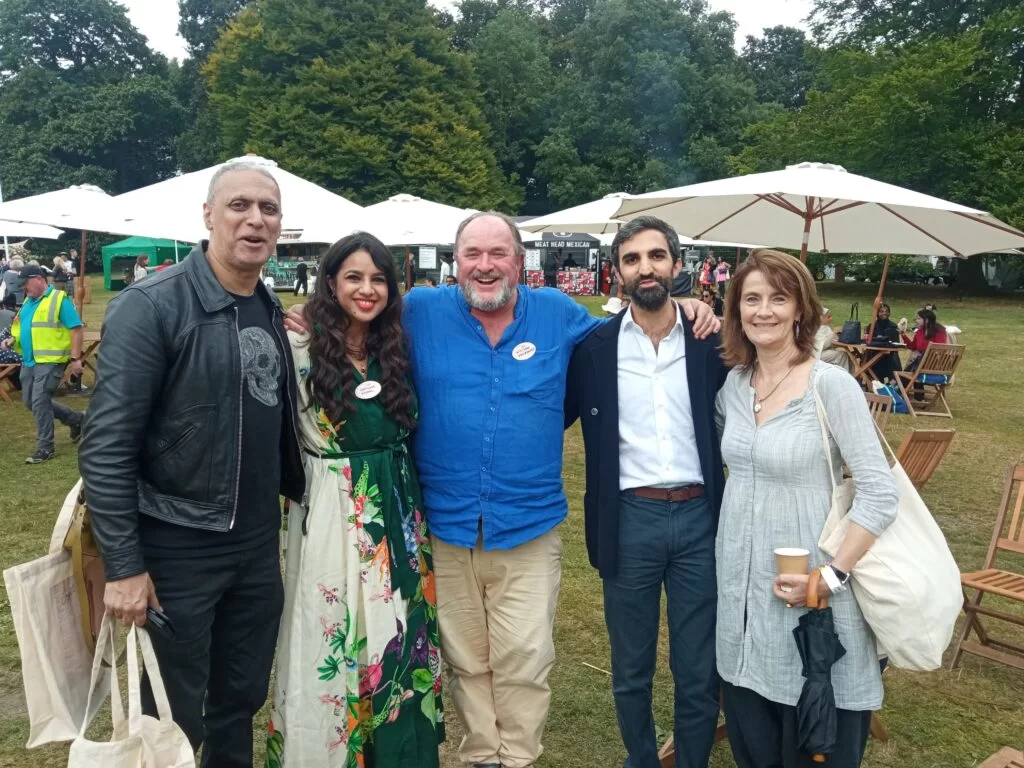 INSET 3 Optional At FT Weekend Festival. from left. Nitin Sawhney. Ravinder Bhogal. William Dalrymple. Nadeem Lalani Olivia Fraser. 7 Sepember 2024 1