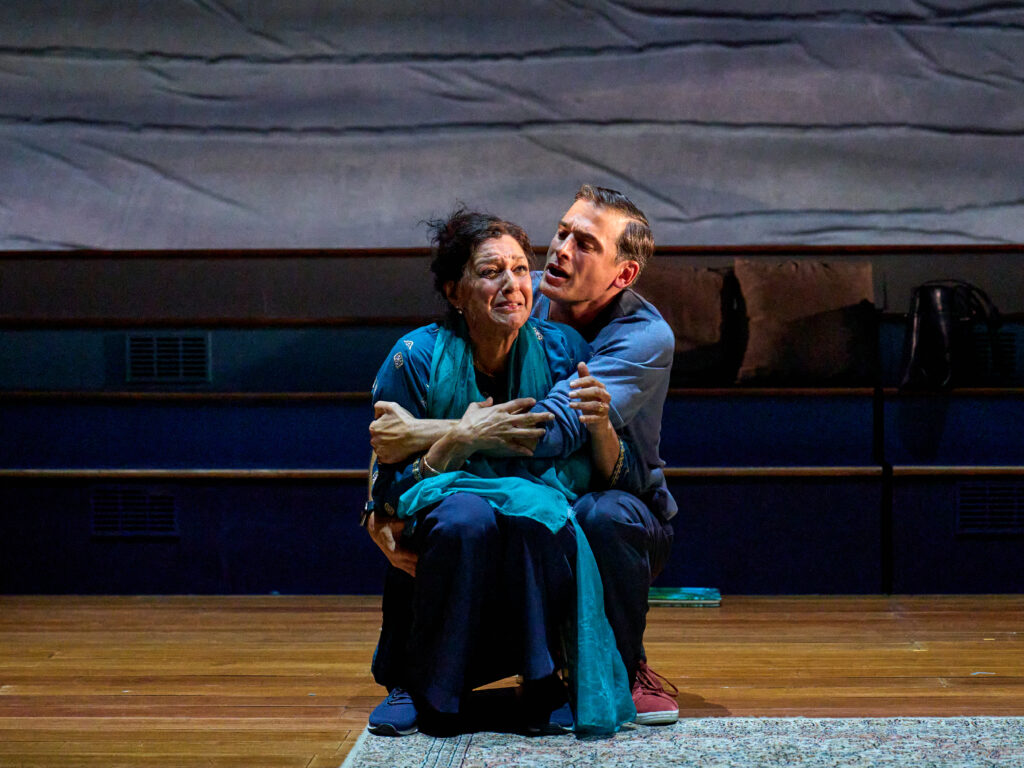 Meera Syal Queenie and Marc Elliott Gopal in A Tupperware of Ashes at the National Theatre c Manuel Harlan 121