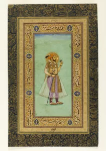 INSET Portrait of Shah Jahan holding an emerald by Muhammad Abed borders by Harif c. 1628. Opaque watercolour and gold on paper. © Victoria and Albert Museum London