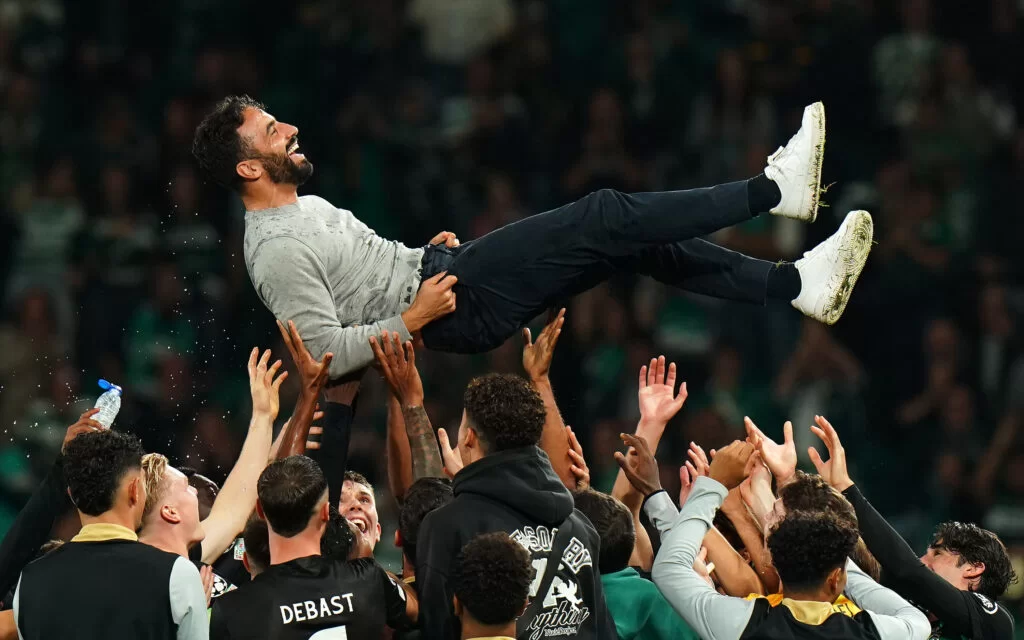 Ruben Amorim is thrown into the air by his players to celebrate his last home match as manager of Sporting Lisbon Gualter FatiaGetty Images